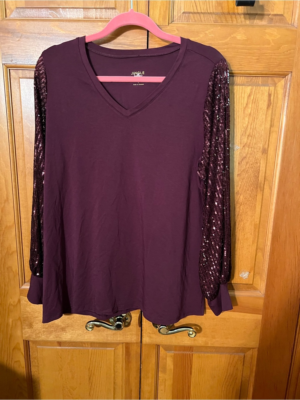 Jungle Burgundy V-Neck Top with Sequined Long Sleeves